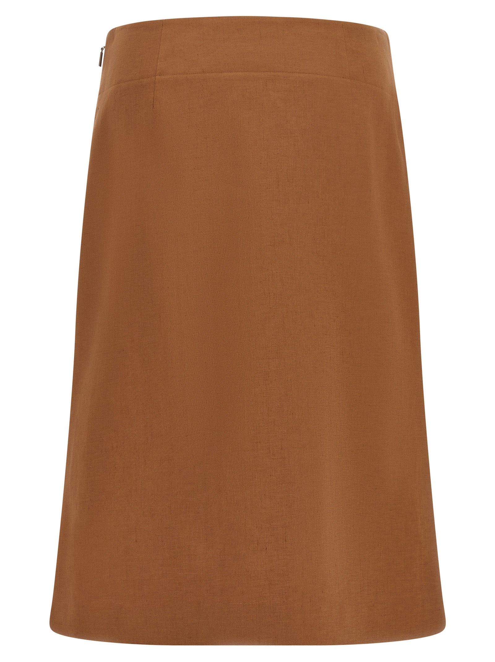 Skirt by Fendi for women in linen cotton & leather brown & gold showcases a sultry silhouette, elegantly defined by its midi and the sophisticated sultry design of the Women's Flared High Rise Linen Cotton & Leather Skirt.