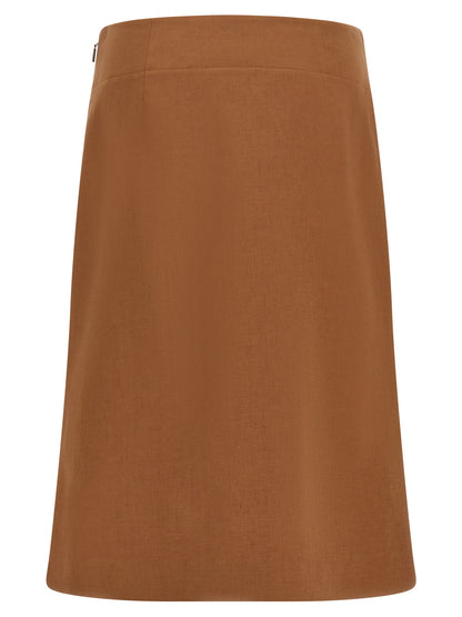 Skirt by Fendi for women in linen cotton & leather brown & gold showcases a sultry silhouette, elegantly defined by its midi and the sophisticated sultry design of the Women's Flared High Rise Linen Cotton & Leather Skirt.