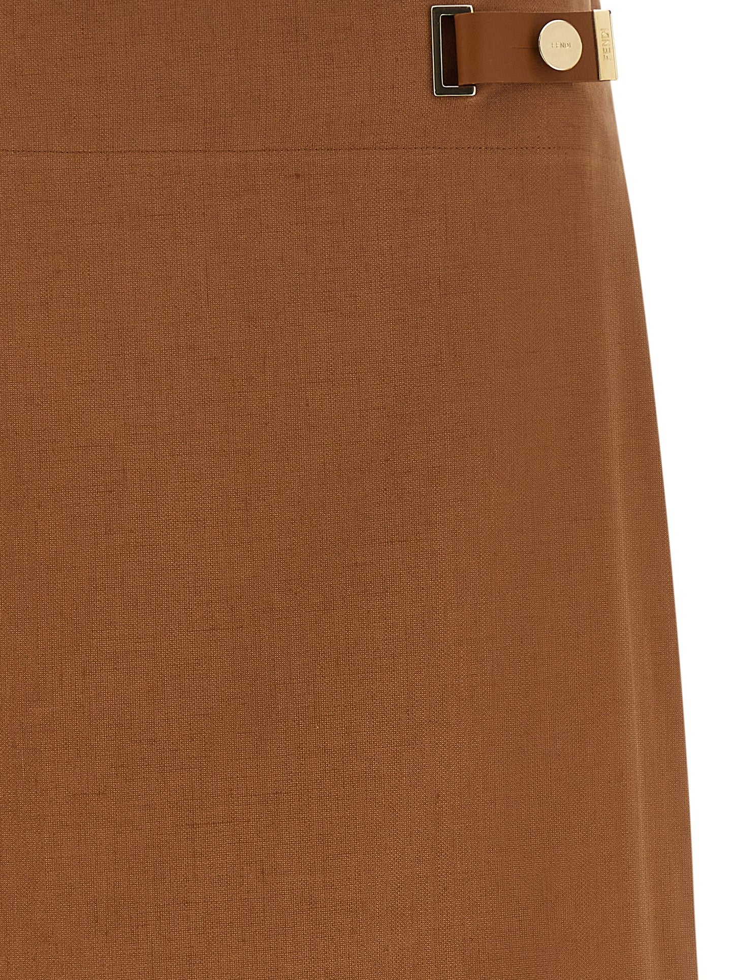 Skirt by Fendi for women in linen cotton & leather brown & gold features a sublime silhouette, showcasing the sublime design of the Women's Flared High Rise Linen Cotton & Leather Skirt in a sophisticated midi.
