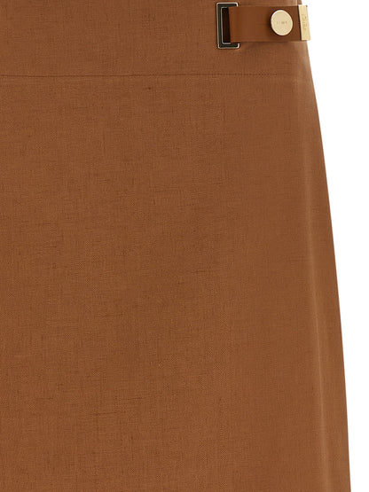 Skirt by Fendi for women in linen cotton & leather brown & gold features a sublime silhouette, showcasing the sublime design of the Women's Flared High Rise Linen Cotton & Leather Skirt in a sophisticated midi.