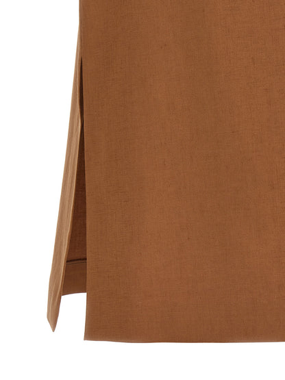 Skirt by Fendi for women in linen cotton & leather brown & gold features a contoured silhouette from the Women's Flared High Rise Linen Cotton & Leather Skirt collection, characterized by its contoured midi for a contoured finish.