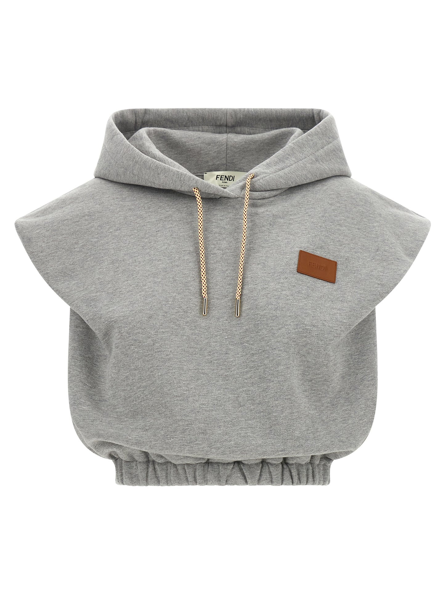 Sweatshirt Hoodie by Fendi for women in leather & cotton gray & gold features an dramatic silhouette, showcasing a sophisticated hooded neckline and dramatic sleeveless for a refined, modern aesthetic.