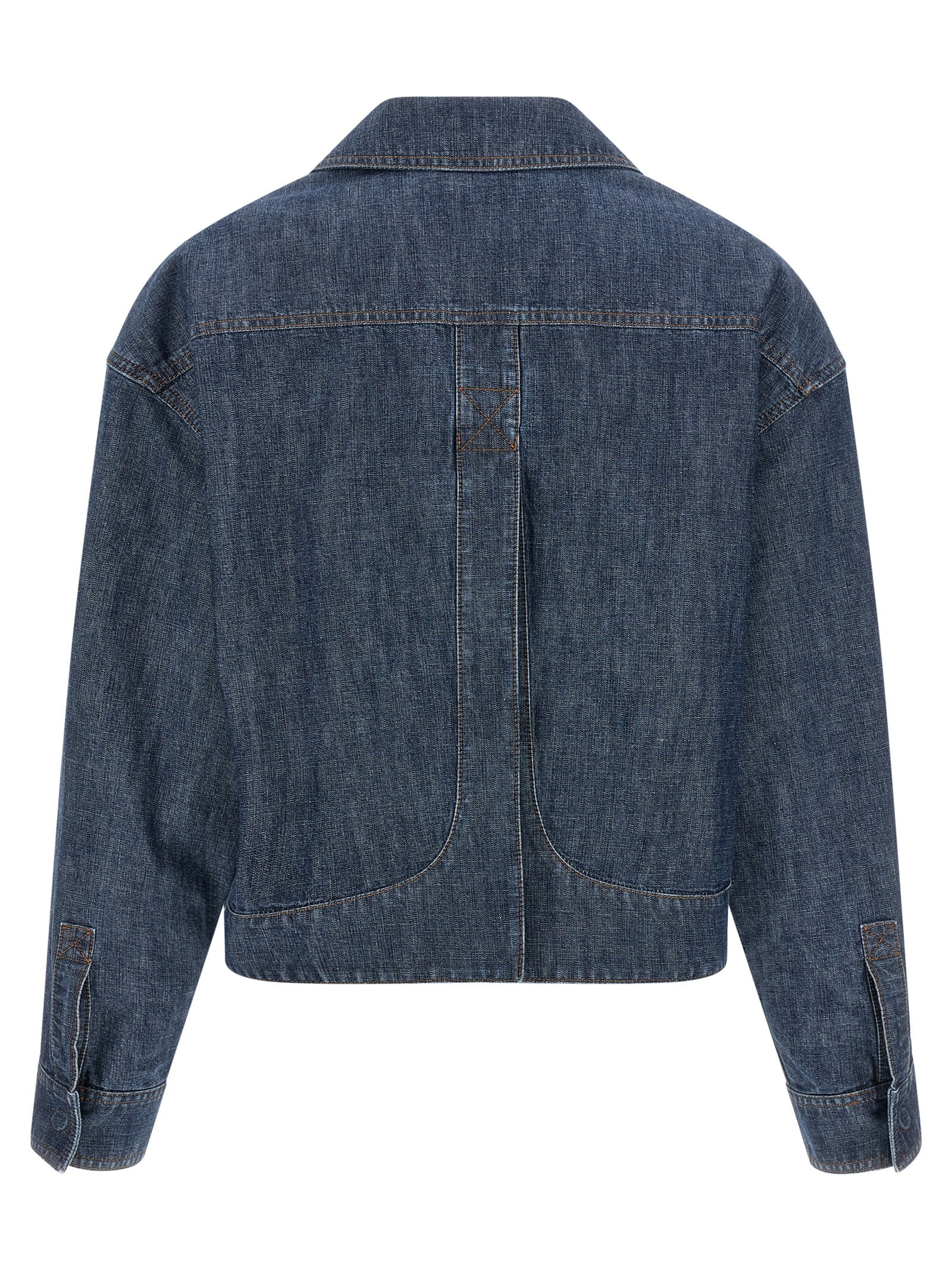 Trucker Jacket by Fendi for women in cotton denim navy & signature features an contemporary silhouette, showcasing a sophisticated split square shirt-collar neckline and contemporary pockets for a truly refined look.