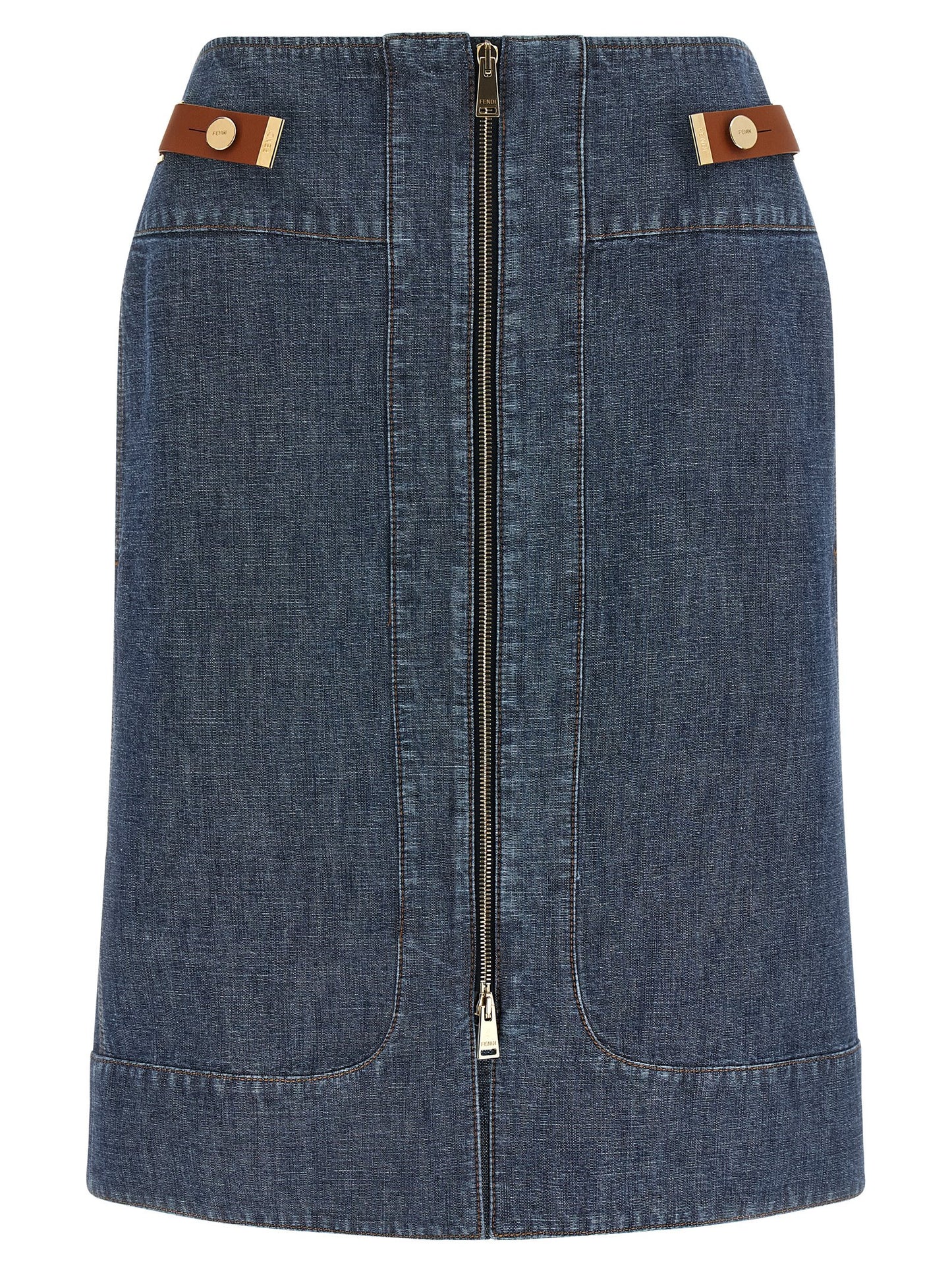 Skirt by Fendi for women in denim cotton gold, navy & signature features an relaxed-yet-refined silhouette that elegantly showcases the Women's Denim Straight Cotton Skirt design and sophisticated midi.