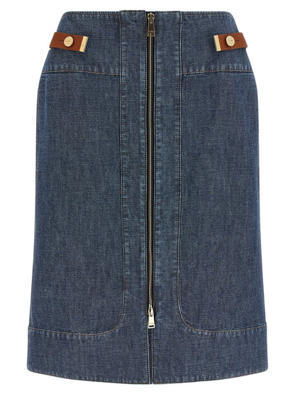 Skirt by Fendi for women in denim cotton gold, navy & signature features an relaxed-yet-refined silhouette that elegantly showcases the Women's Denim Straight Cotton Skirt design and sophisticated midi.