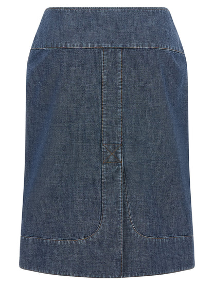 Skirt by Fendi for women in denim cotton gold, navy & signature features a sublime silhouette, showcasing the sublime design of the Women's Denim Straight Cotton Skirt in a sophisticated midi.