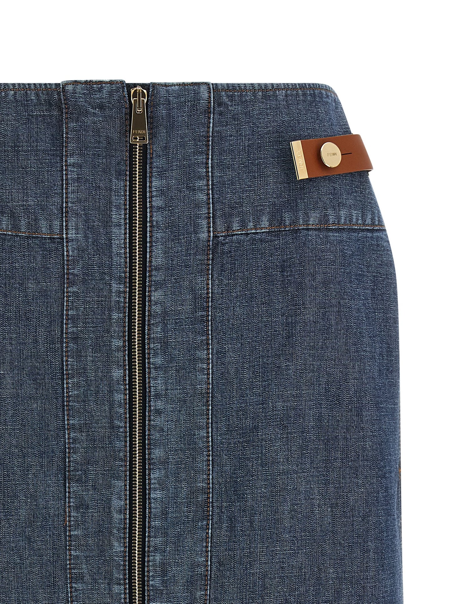 Skirt by Fendi for women in denim cotton gold, navy & signature showcases a sultry silhouette, elegantly defined by its midi and the sophisticated sultry design of the Women's Denim Straight Cotton Skirt.