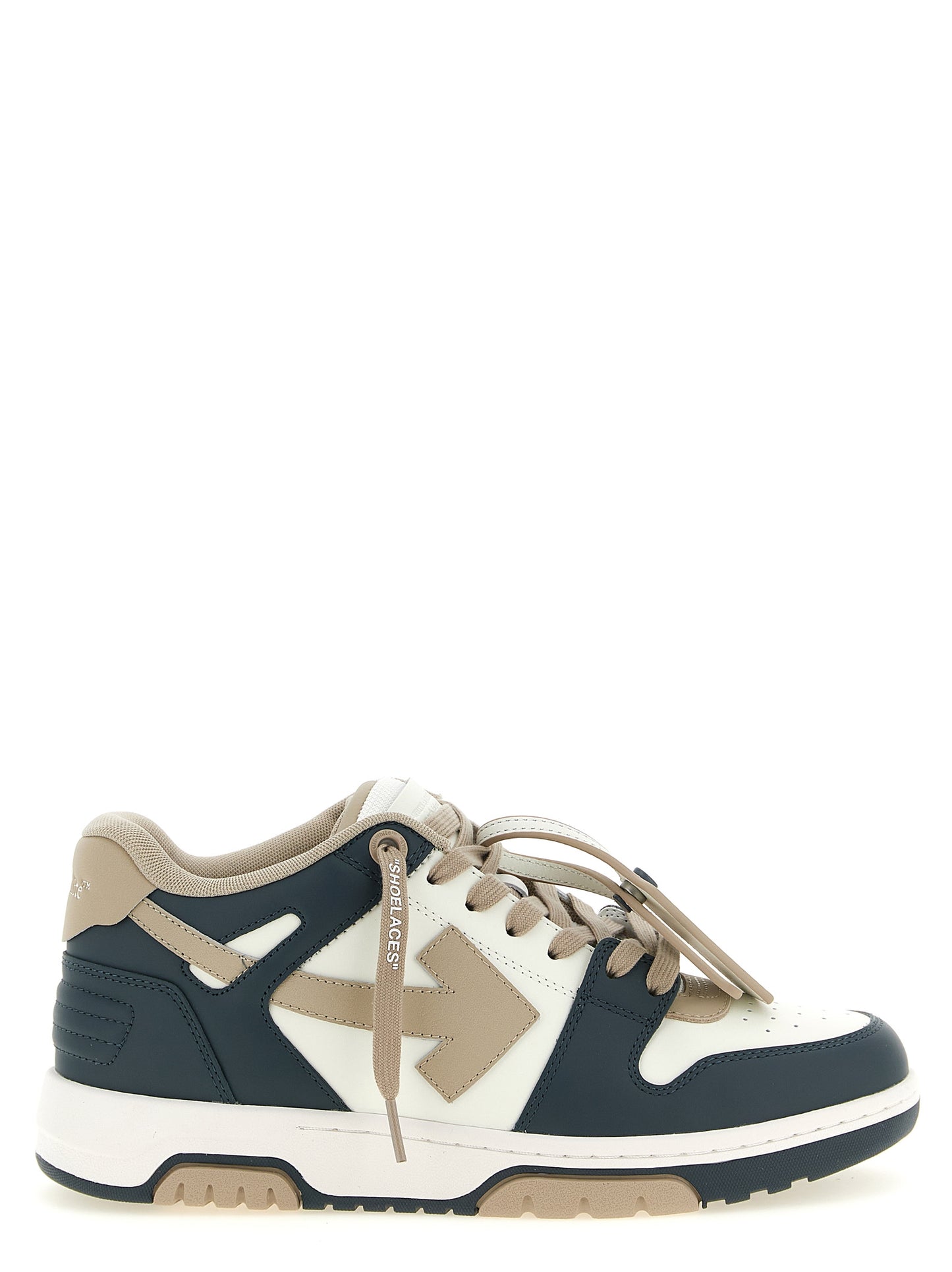 Sneakers by Off-White for men in cowhide leather beige, multicolor, navy, white, patterned & print presents a sumptuous silhouette, artfully capturing the essence of the Play Men's Low Top Cowhide Leather Sneakers with its sumptuous low-top style design.