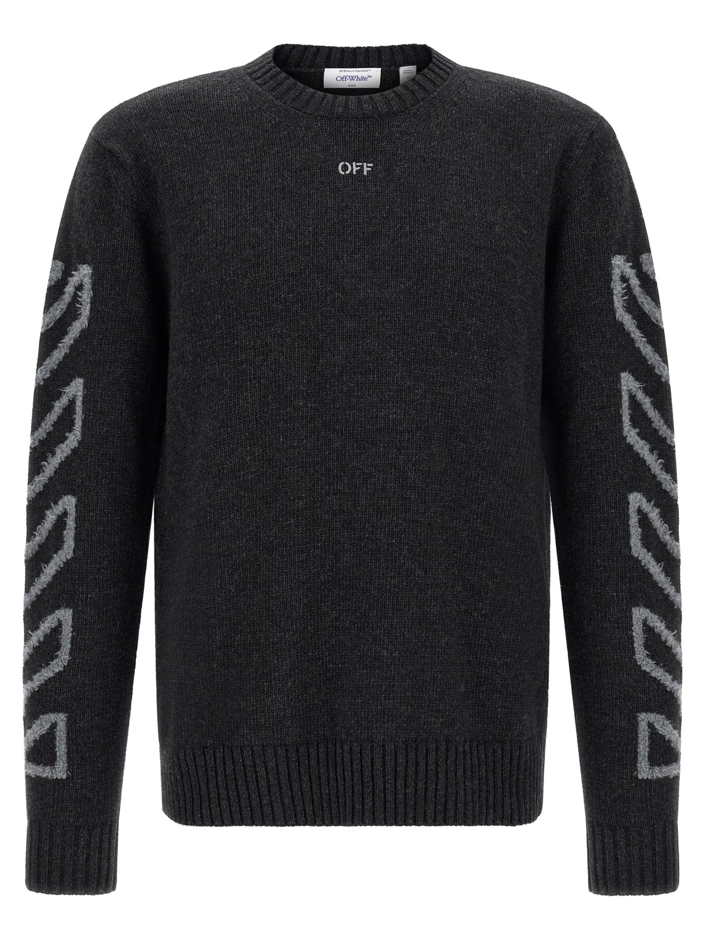 Cardigan by Off-White for men in wool gray, white & patterned showcases a luxurious silhouette, meticulously detailed with a sophisticated crew neckline and for a refined finish.
