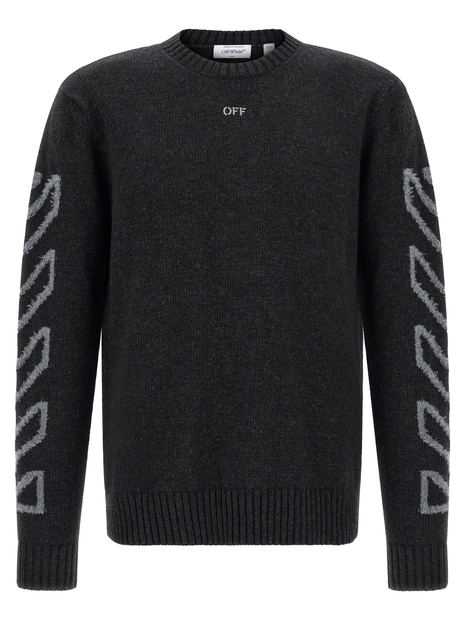 Cardigan by Off-White for men in wool gray, white & patterned showcases a luxurious silhouette, meticulously detailed with a sophisticated crew neckline and for a refined finish.