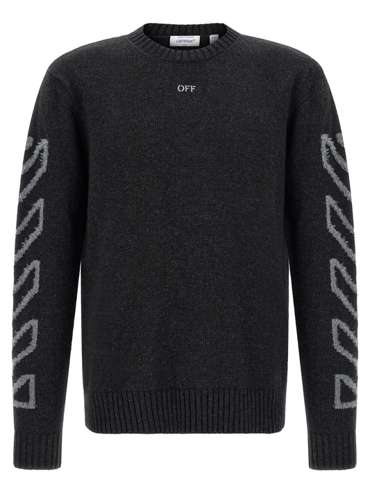 Cardigan by Off-White for men in wool gray, white & patterned showcases a luxurious silhouette, meticulously detailed with a sophisticated crew neckline and for a refined finish.