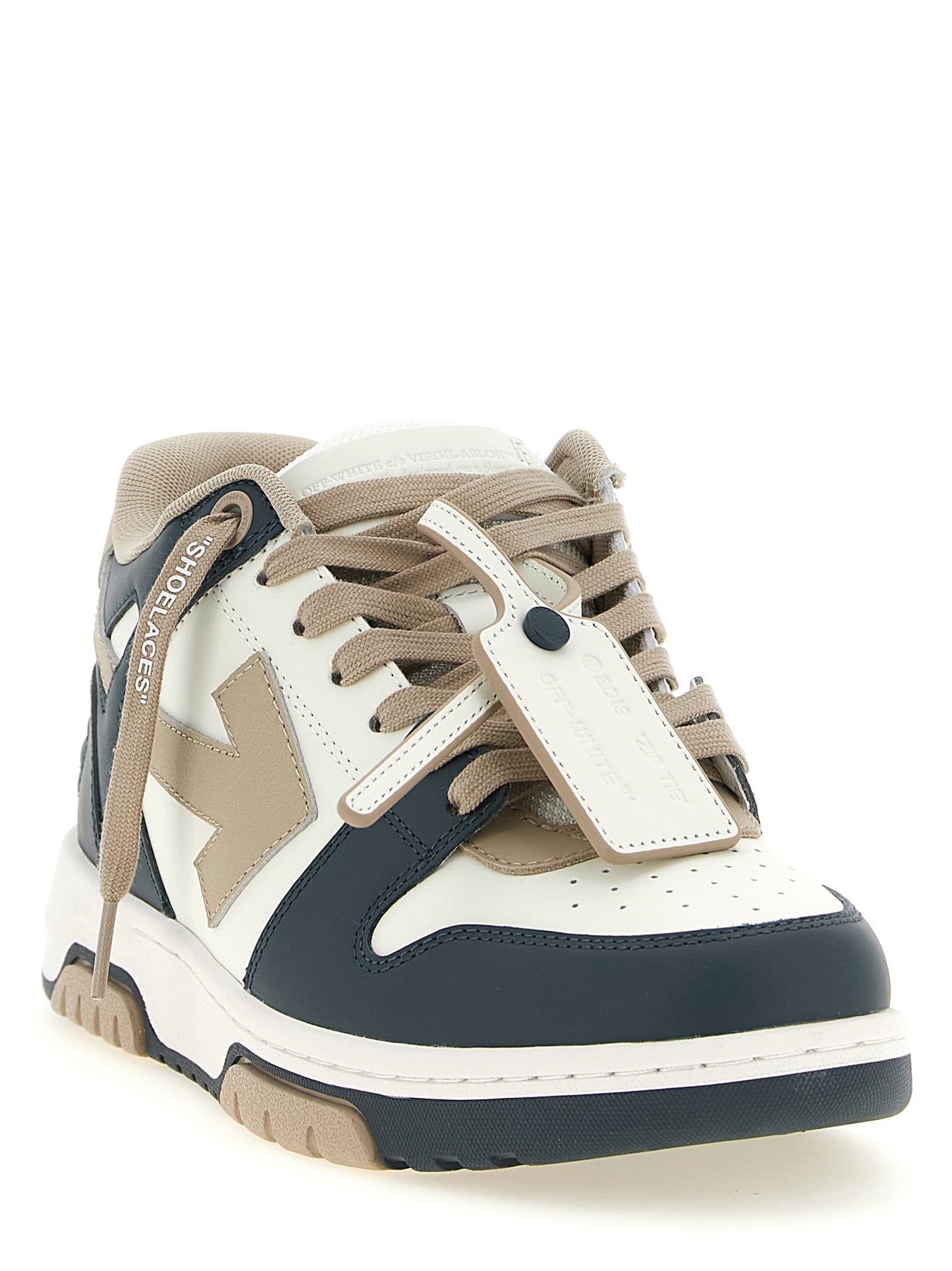 Sneakers by Off-White for men in cowhide leather beige, multicolor, navy, white, patterned & print features an timeless silhouette from the Play Men's Low Top Cowhide Leather Sneakers collection, showcasing a signature low-top style with an timeless finish.