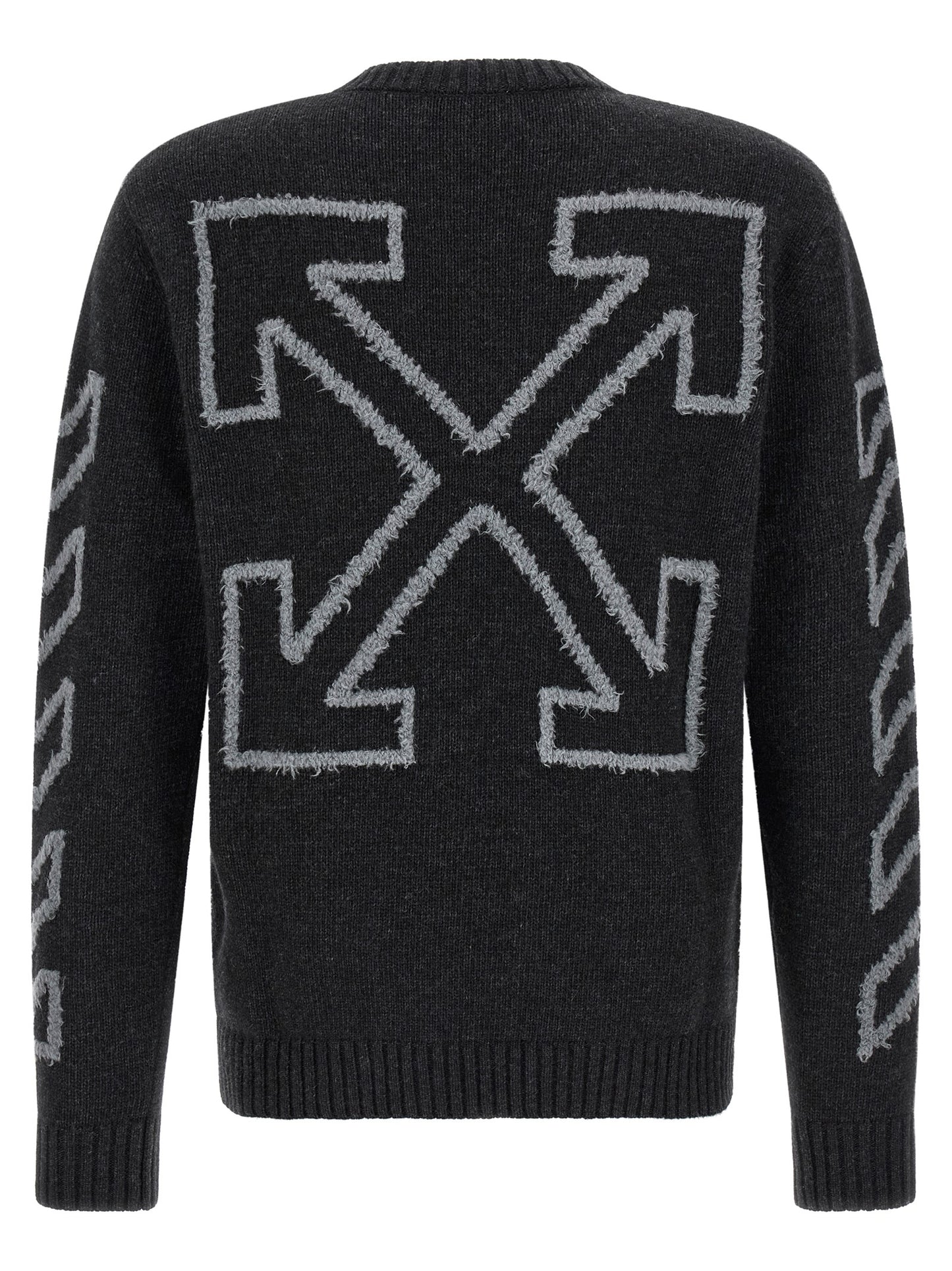 Cardigan by Off-White for men in wool gray, white & patterned features a dramatic silhouette, showcasing a sophisticated crew neckline and dramatic detail for a timeless, premium look.