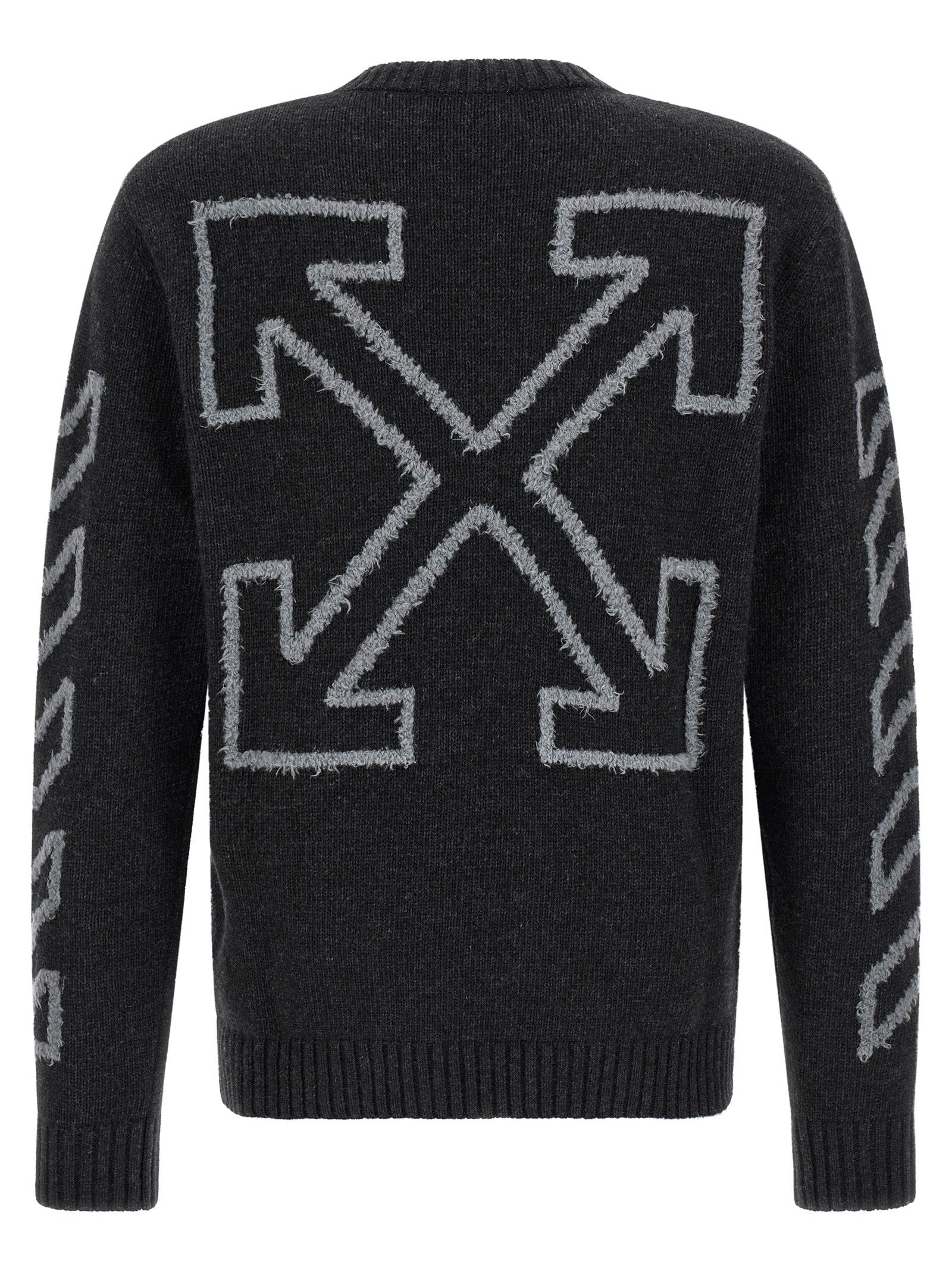 Cardigan by Off-White for men in wool gray, white & patterned features a dramatic silhouette, showcasing a sophisticated crew neckline and dramatic detail for a timeless, premium look.