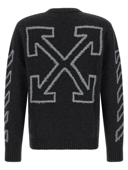 Cardigan by Off-White for men in wool gray, white & patterned features a dramatic silhouette, showcasing a sophisticated crew neckline and dramatic detail for a timeless, premium look.