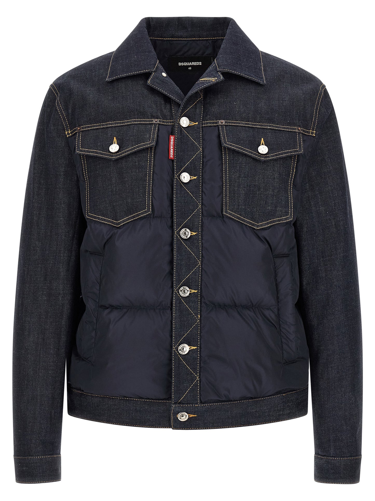 Trucker Jacket by Dsquared² for men in denim cotton blue & red showcases a bohemian silhouette, artfully detailed with a bohemian and signature thermal, pockets & insulated for a truly bohemian finish.