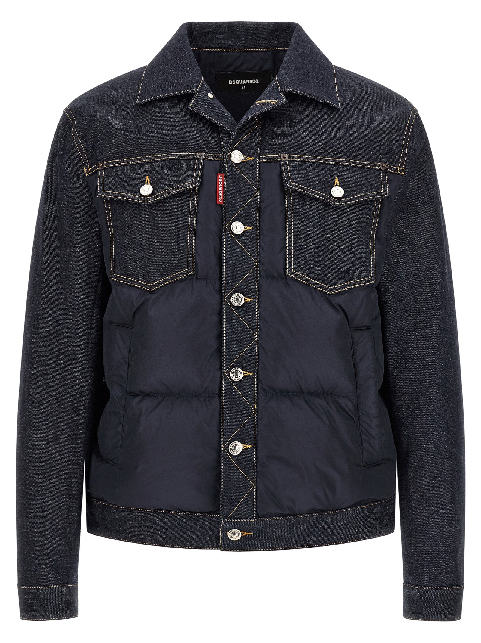 Trucker Jacket by Dsquared² for men in denim cotton blue & red showcases a bohemian silhouette, artfully detailed with a bohemian and signature thermal, pockets & insulated for a truly bohemian finish.