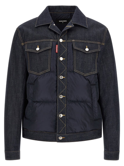 Trucker Jacket by Dsquared² for men in denim cotton blue & red showcases a bohemian silhouette, artfully detailed with a bohemian and signature thermal, pockets & insulated for a truly bohemian finish.