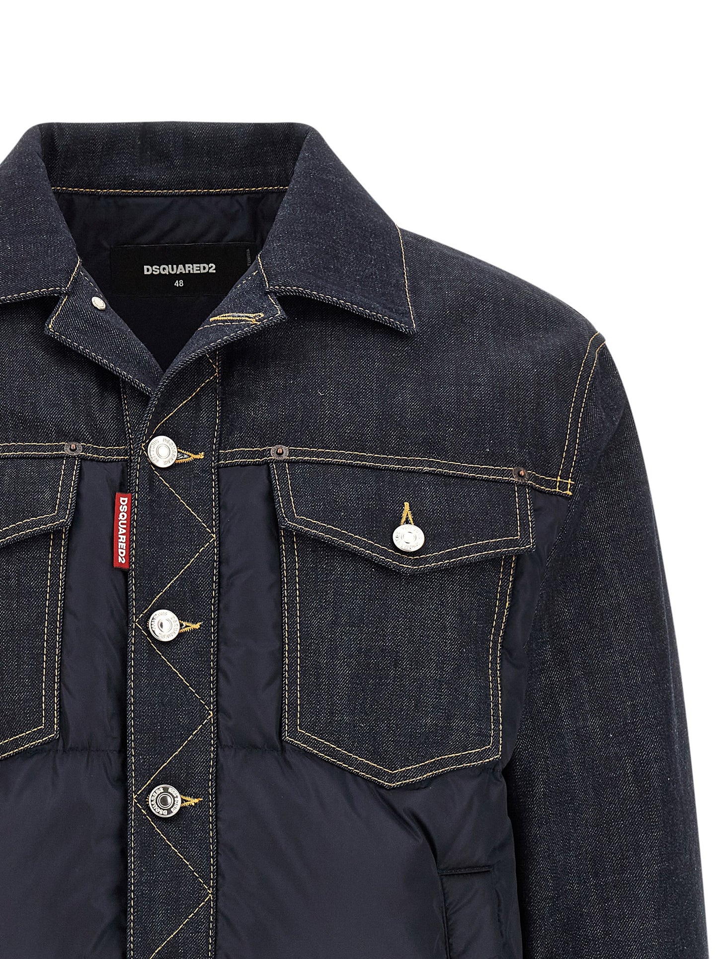 Trucker Jacket by Dsquared² for men in denim cotton blue & red features a city-ready silhouette, detailed with thermal, pockets & insulated and a city-ready .