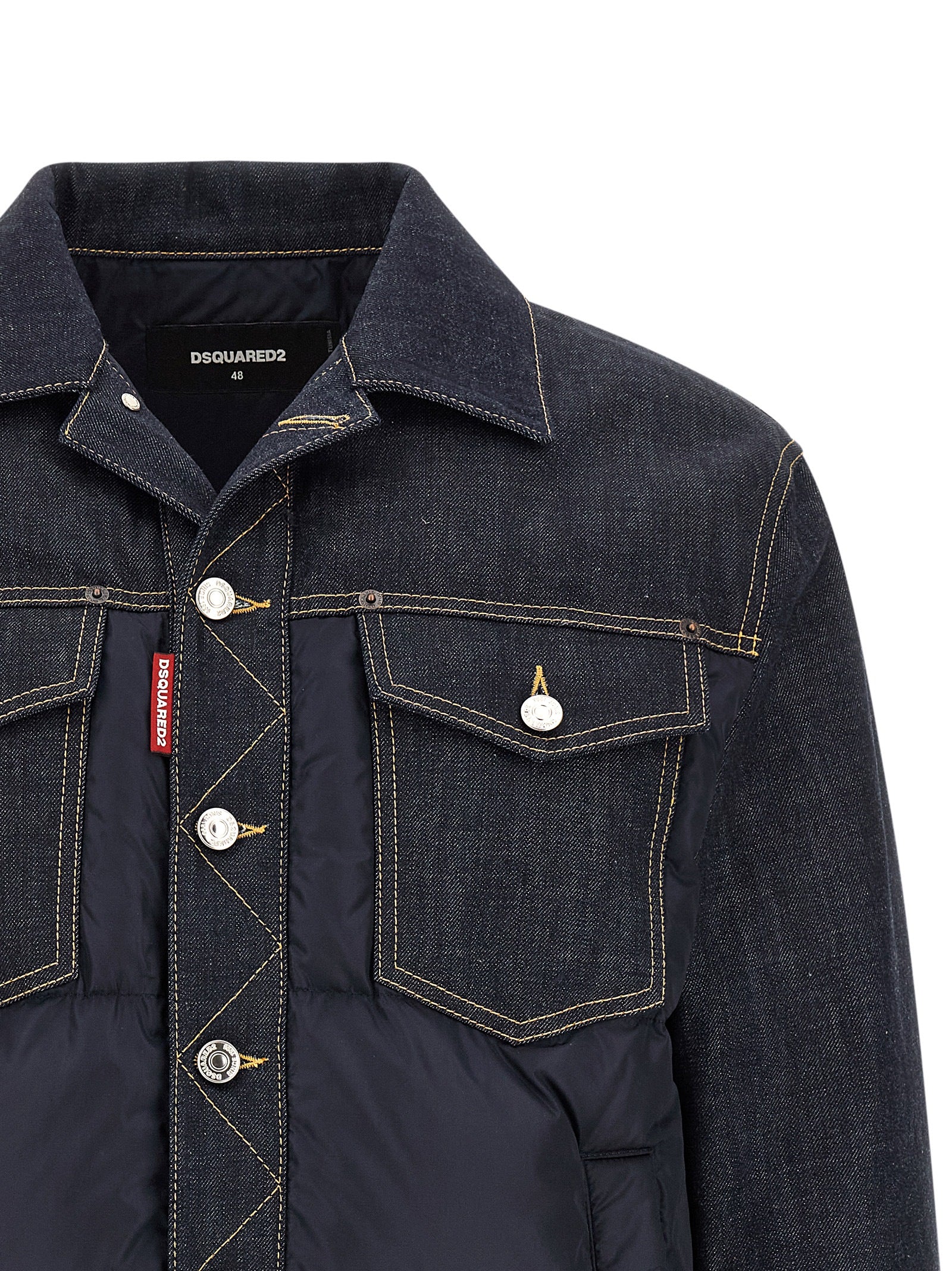 Trucker Jacket by Dsquared² for men in denim cotton blue & red features a city-ready silhouette, detailed with thermal, pockets & insulated and a city-ready .
