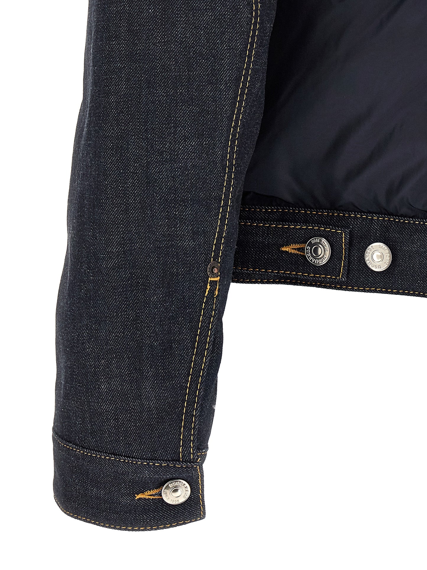 Trucker Jacket by Dsquared² for men in denim cotton blue & red presents a effortlessly chic silhouette, showcasing a sophisticated and premium thermal, pockets & insulated for a truly effortlessly chic finish.