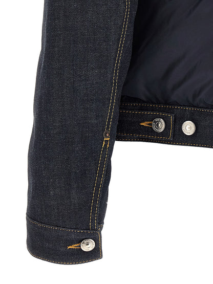 Trucker Jacket by Dsquared² for men in denim cotton blue & red presents a effortlessly chic silhouette, showcasing a sophisticated and premium thermal, pockets & insulated for a truly effortlessly chic finish.