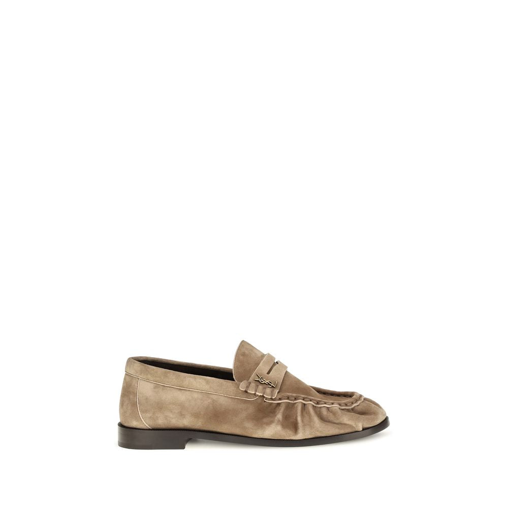 Low-Heel Mid-Heel Loafer Slip-On Shoes by Saint Laurent for women in bos taurus suede calf leather beige & gold features an dynamic silhouette from the Cassandre Women's Bos Taurus Suede Calf Leather Low-Heel Mid-Heel Loafer Slip-On Shoes collection, defined by a dynamic moc toe style and 1-5-cm-heel low-heel 5-cm-heel mid-heel for a dynamic look.