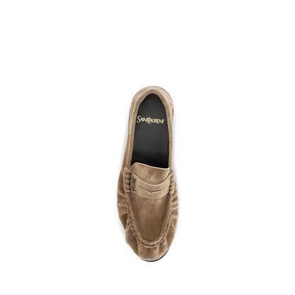 Low-Heel Mid-Heel Loafer Slip-On Shoes by Saint Laurent for women in bos taurus suede calf leather beige & gold showcases a impeccable silhouette as Cassandre Women's Bos Taurus Suede Calf Leather Low-Heel Mid-Heel Loafer Slip-On Shoes, artfully designed with a impeccable 1-5-cm-heel low-heel 5-cm-heel mid-heel and refined moc toe style for a impeccable finish.