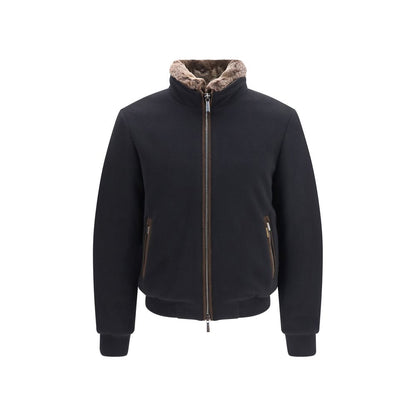 MooRER Men's Padded Fleeced Cashmere Wool & Suede Capra leather Bomber Jacket - Black