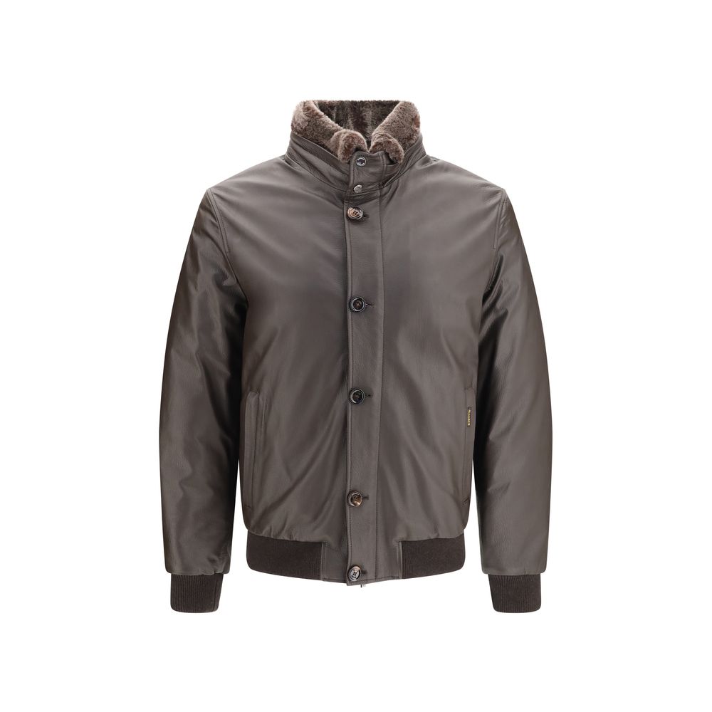 MooRER Men's Down Goose Leather Goose-Down & Fur Puffer Jacket - Brown