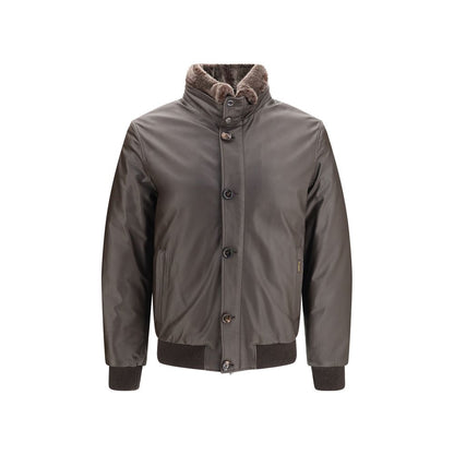 MooRER Men's Down Goose Leather Goose-Down & Fur Puffer Jacket - Brown