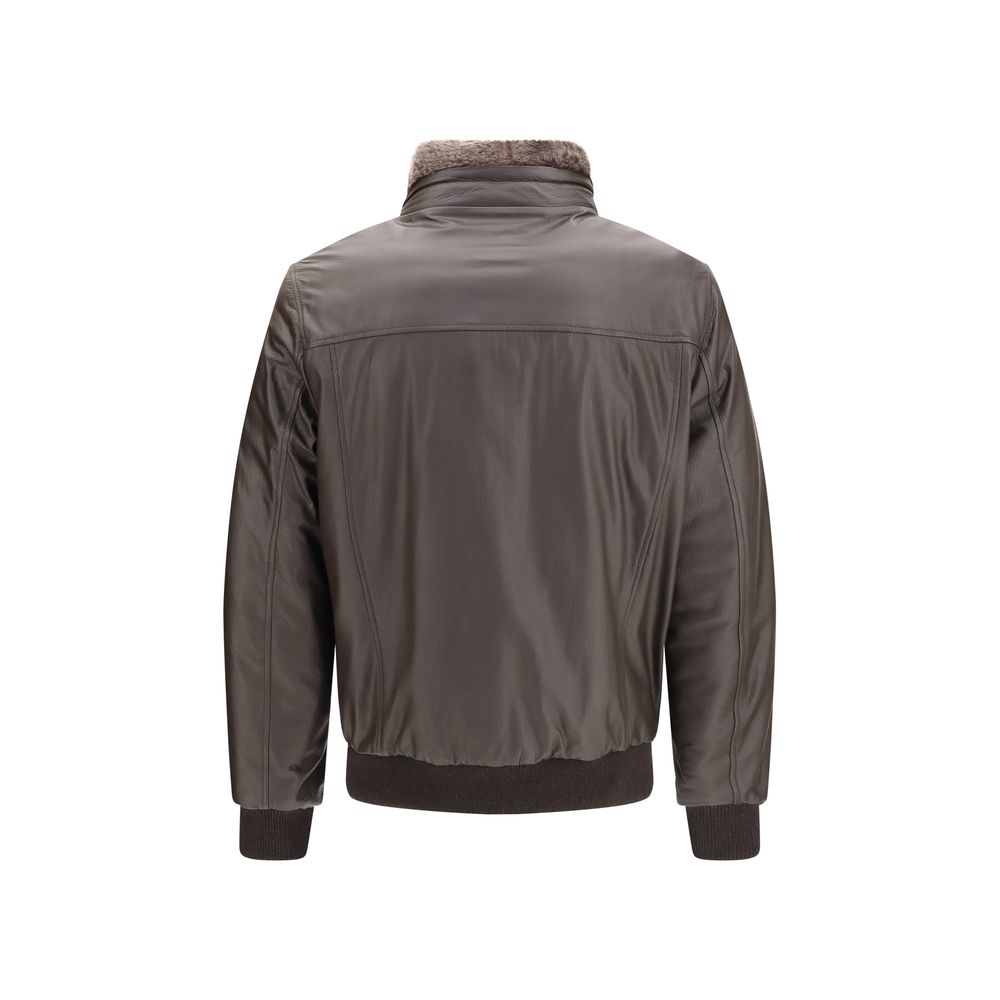 MooRER Men's Down Goose Leather Goose-Down & Fur Puffer Jacket - Brown