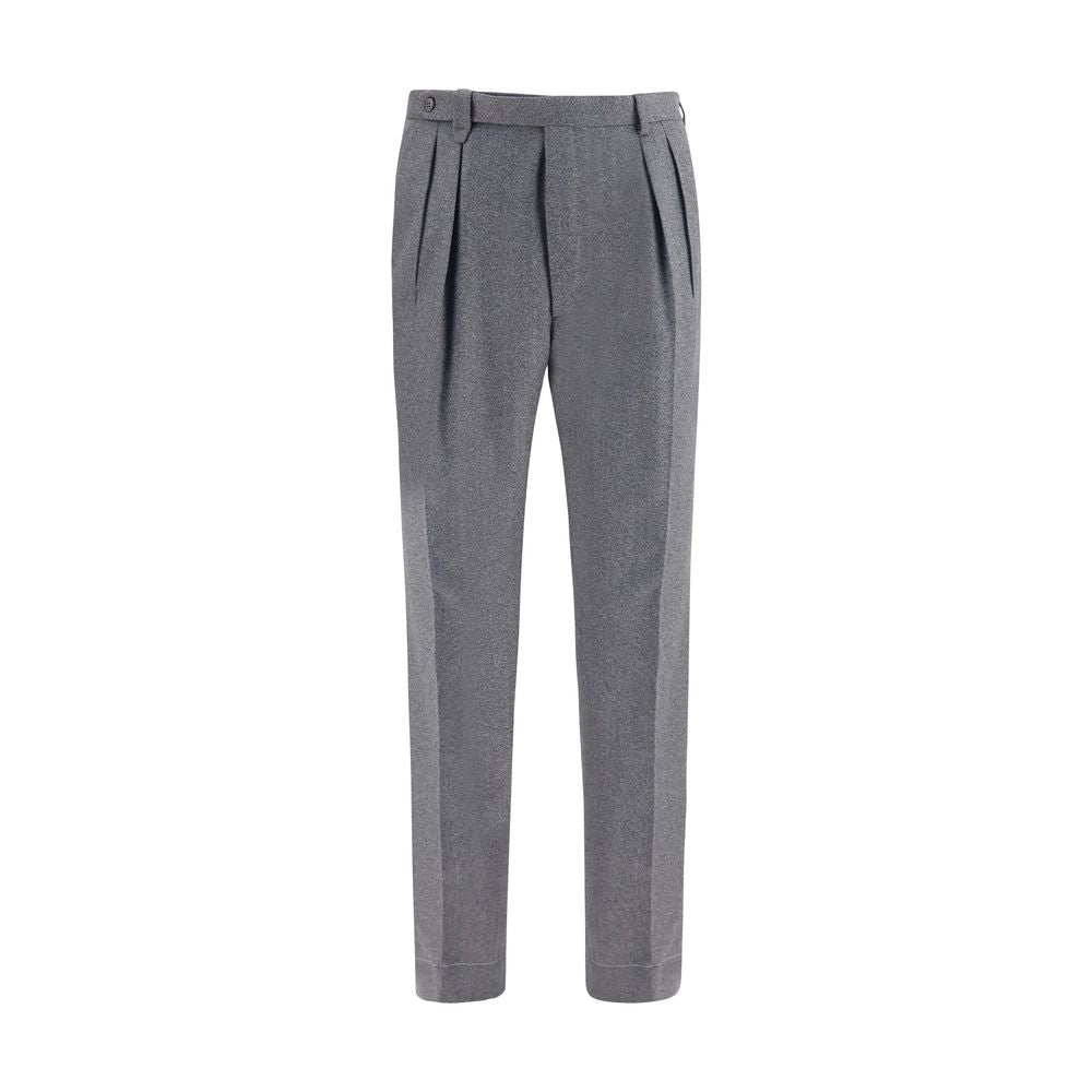 Trousers by Brioni for men in linen silk & cashmere wool gray presents a perennial silhouette, meticulously tailored with a relaxed-fit & regular-fit cut, long finish, and an elegant .