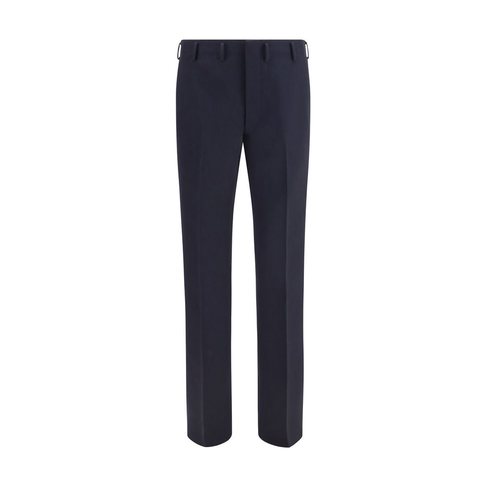 Trousers by Prada for men in wool blue features an sartorial silhouette, showcasing a precise regular-fit & wide and long with a sartorial high rise for a refined look.