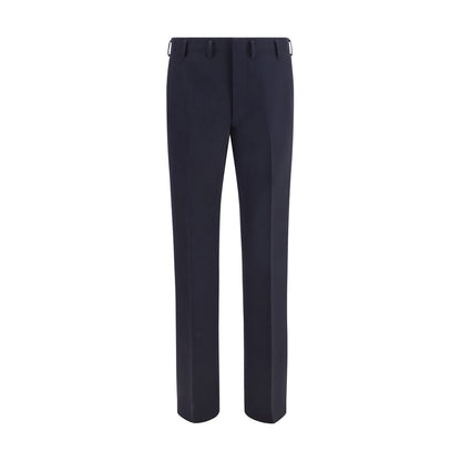 Trousers by Prada for men in wool blue features an sartorial silhouette, showcasing a precise regular-fit & wide and long with a sartorial high rise for a refined look.