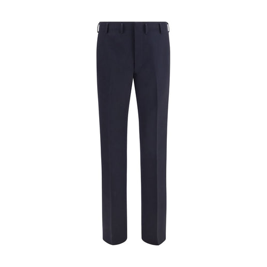 Trousers by Prada for men in wool blue features an sartorial silhouette, showcasing a precise regular-fit & wide and long with a sartorial high rise for a refined look.