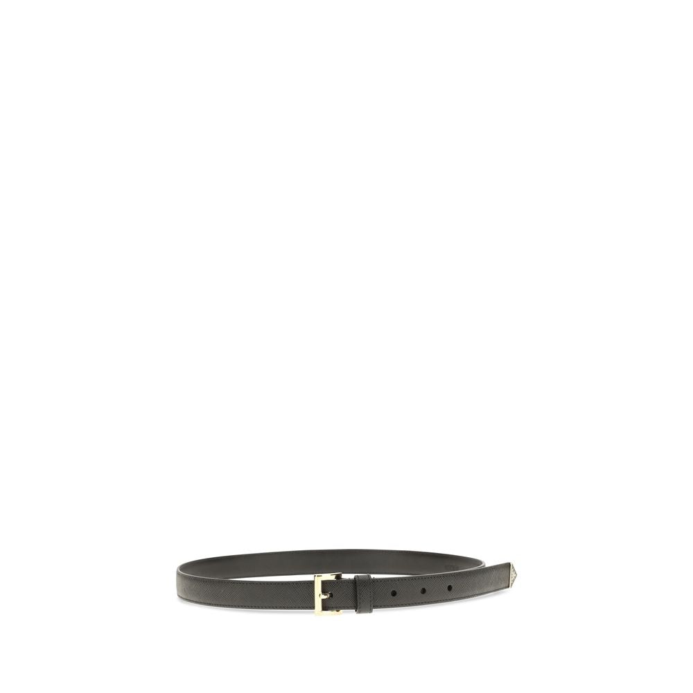 Belt by Prada for women in bos taurus saffiano calf leather black & signature features an artisanal finish, elegantly showcasing the signature style and artisanal craftsmanship of the Bos Taurus Saffiano Calf Leather Belt design.