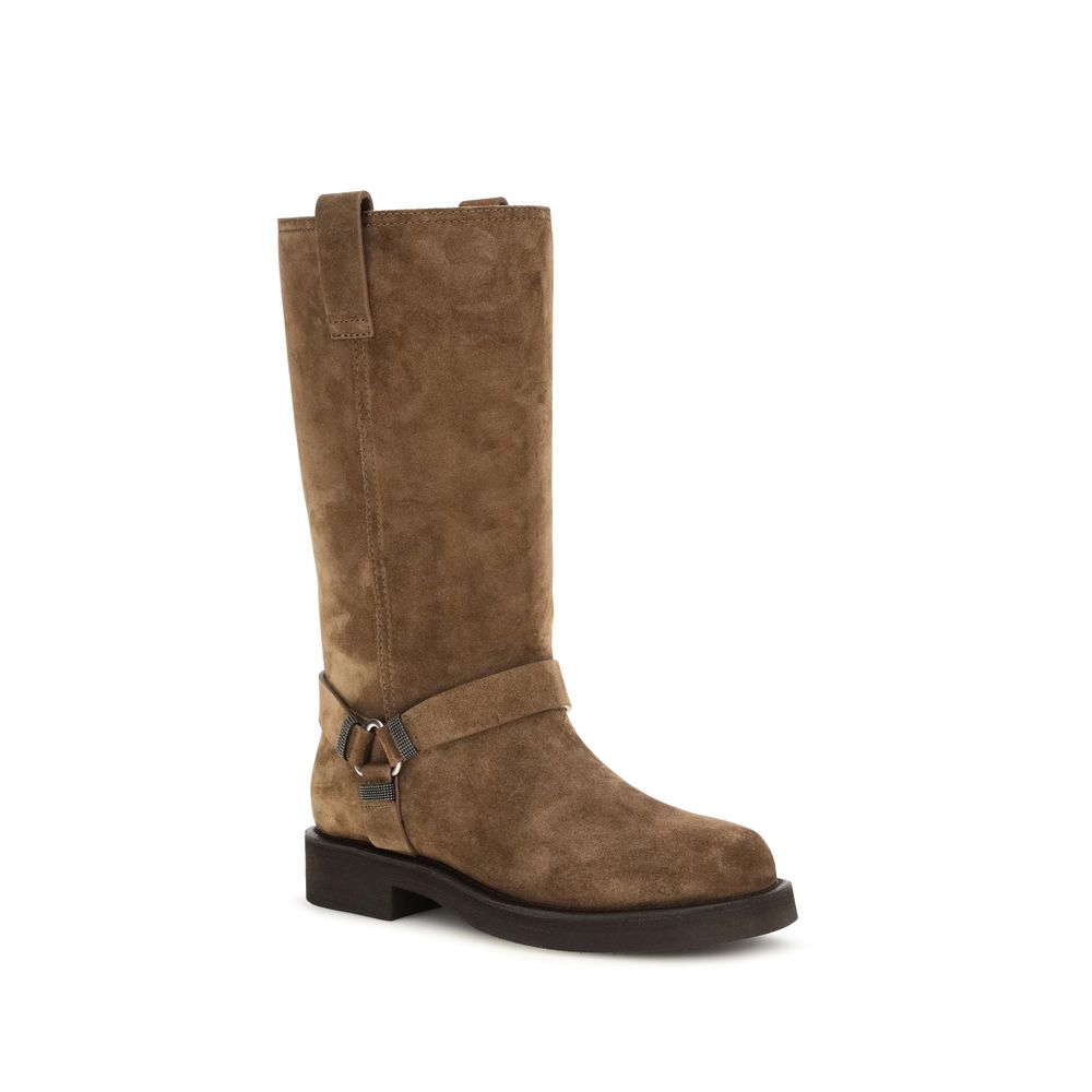 Flat Boots by Brunello Cucinelli for women in bos taurus calf suede leather brown & signature features an high-performance silhouette, showcasing the sophisticated design of the Monile Women's Bos Taurus Calf Suede Leather Flat Boots with a flat and a refined .