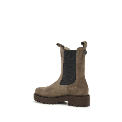 Mid-Heel Ankle Boots by Brunello Cucinelli for women in bos taurus suede calf leather brown & signature features an dynamic silhouette, showcasing the dynamic Women's Bos Taurus Suede Calf Leather Mid-Heel Ankle Boots design with its distinctive 4-cm-heel mid-heel and elegant .