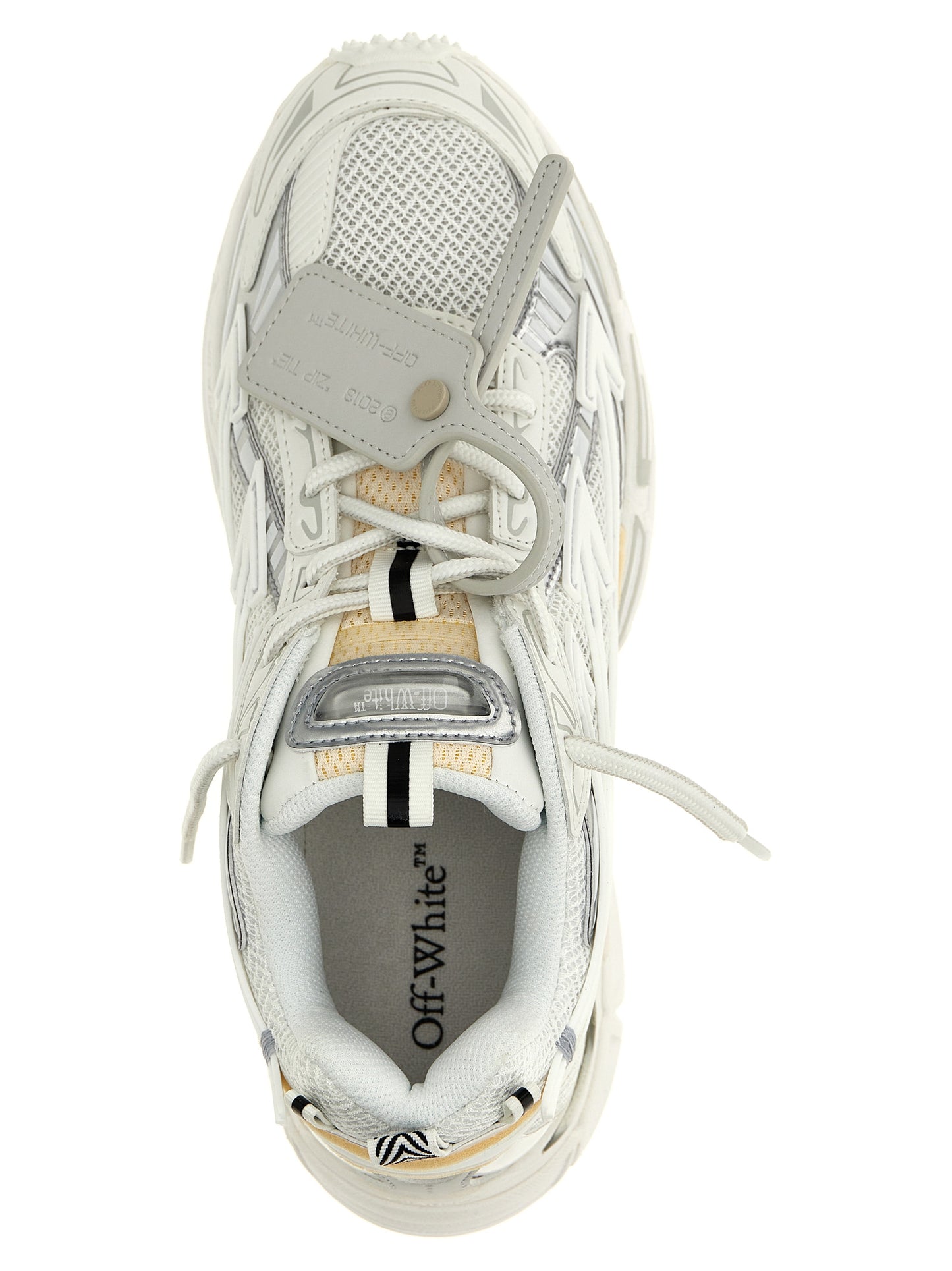 Athletic Sneakers by Off-White for men in polyester polyethylene polyurethane leather white presents a sleek silhouette, perfectly capturing the athletic style essence of Crisp Men's Athletic Polyester Polyethylene Polyurethane Leather Sneakers with its sleek design and premium finish.