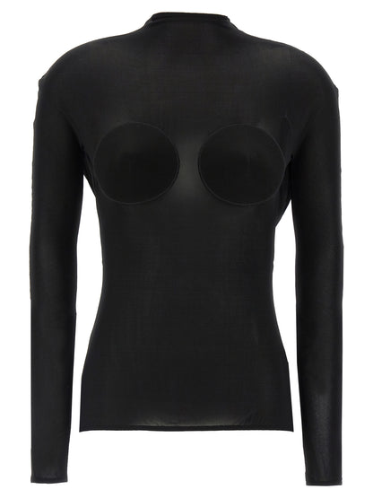 Cardigan by Jean Paul Gaultier for women in stretch viscose black & transparent presents a textural silhouette, artfully finished with a textural and long-sleeve for a sophisticated, textural look.