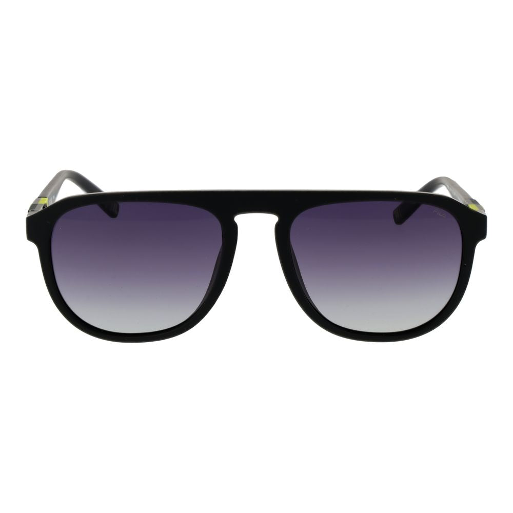 Sunglasses by Fila for unisex in rubber and black featuring an opulent aviator full-rim frame design with a sophisticated black coloured frame finish and high-performance polarized category-3-dark-tint lens.