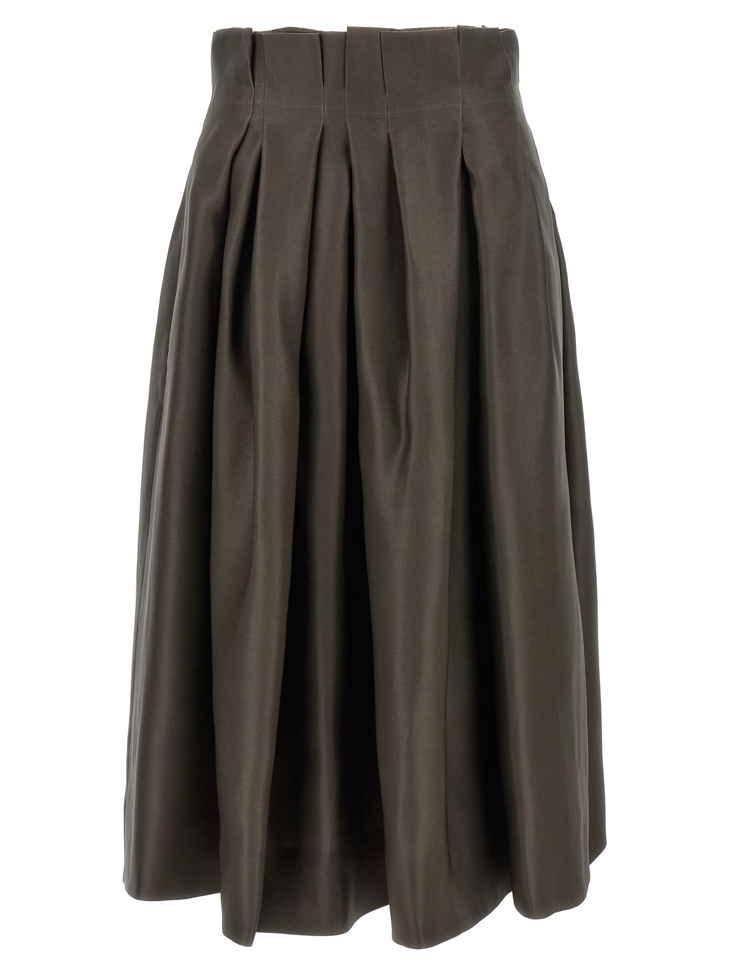Skirt by Khaite for women in silk brown features an tailored silhouette, artfully capturing the essence of Women's Flared Asymmetrical Low Rise Silk Skirt in a sophisticated midi.