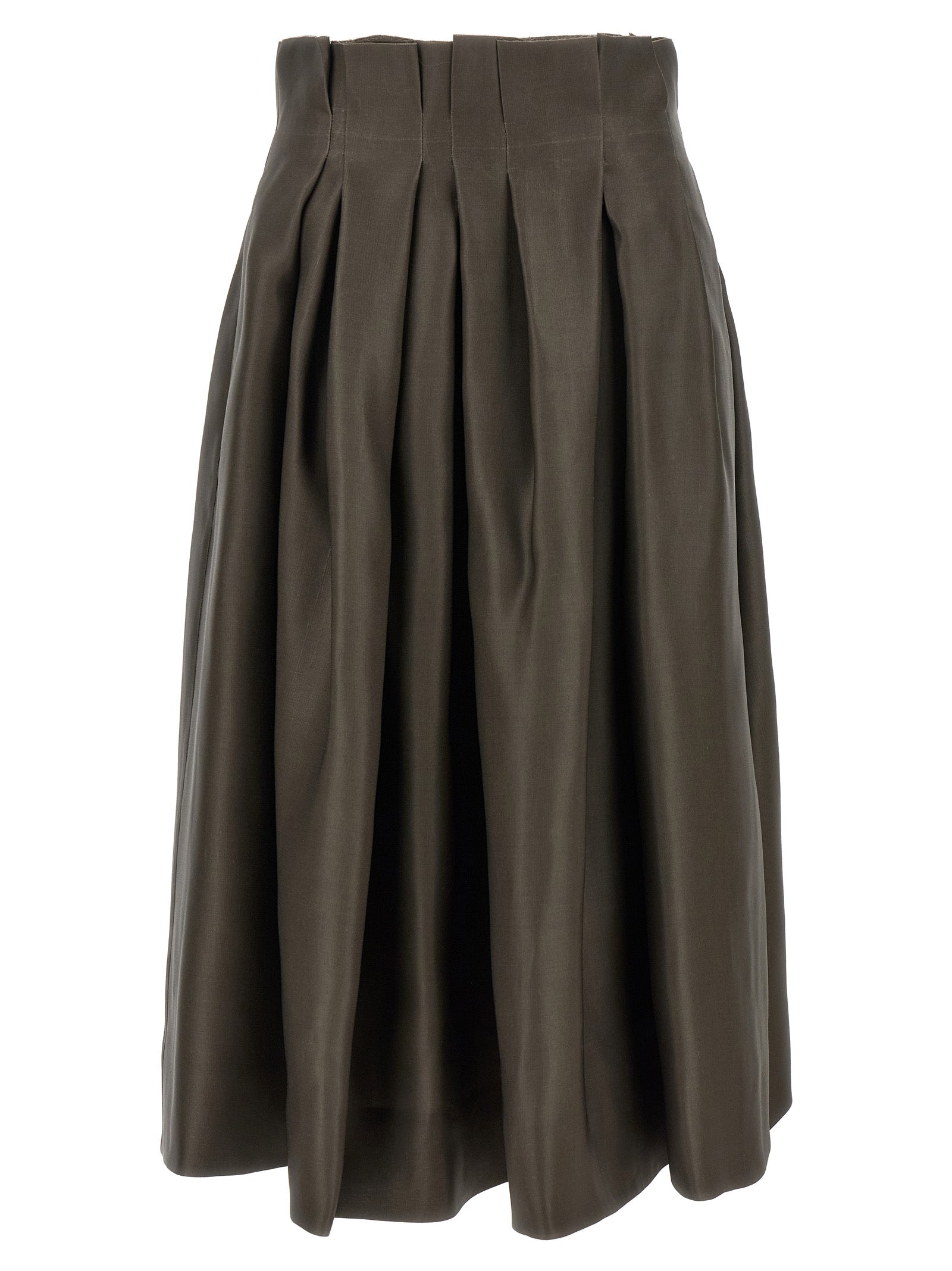 Skirt by Khaite for women in silk brown features an tailored silhouette, artfully capturing the essence of Women's Flared Asymmetrical Low Rise Silk Skirt in a sophisticated midi.