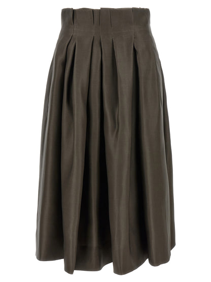 Skirt by Khaite for women in silk brown features an tailored silhouette, artfully capturing the essence of Women's Flared Asymmetrical Low Rise Silk Skirt in a sophisticated midi.