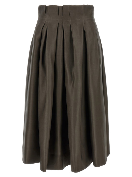 Skirt by Khaite for women in silk brown features an tailored silhouette, artfully capturing the essence of Women's Flared Asymmetrical Low Rise Silk Skirt in a sophisticated midi.