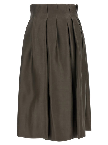 Skirt by Khaite for women in silk brown features a captivating silhouette, showcasing the captivating Women's Flared Asymmetrical Low Rise Silk Skirt design with a sophisticated midi for a captivating look.