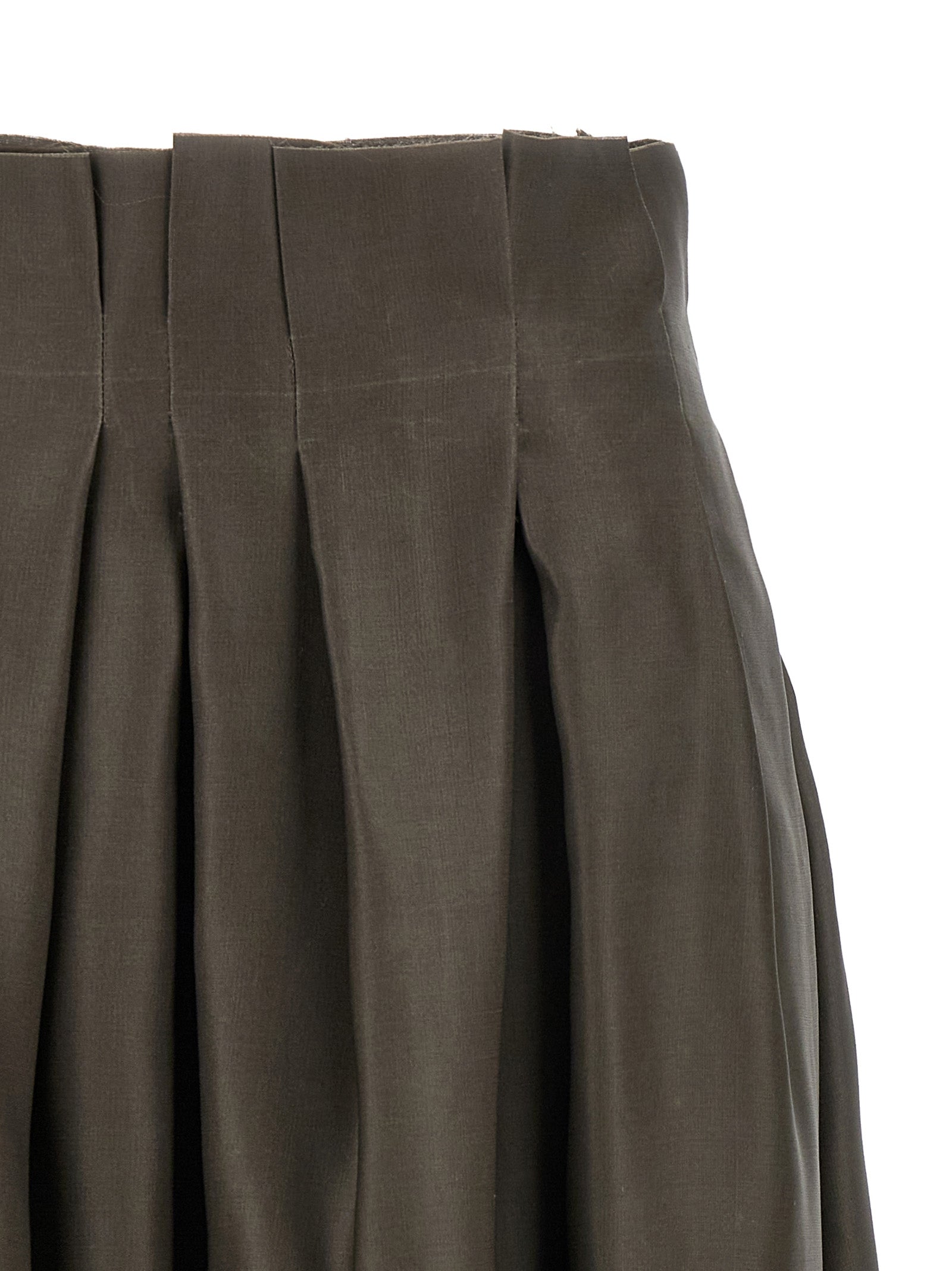 Skirt by Khaite for women in silk brown showcases a sultry silhouette, elegantly defined by its midi and the sophisticated sultry design of the Women's Flared Asymmetrical Low Rise Silk Skirt.