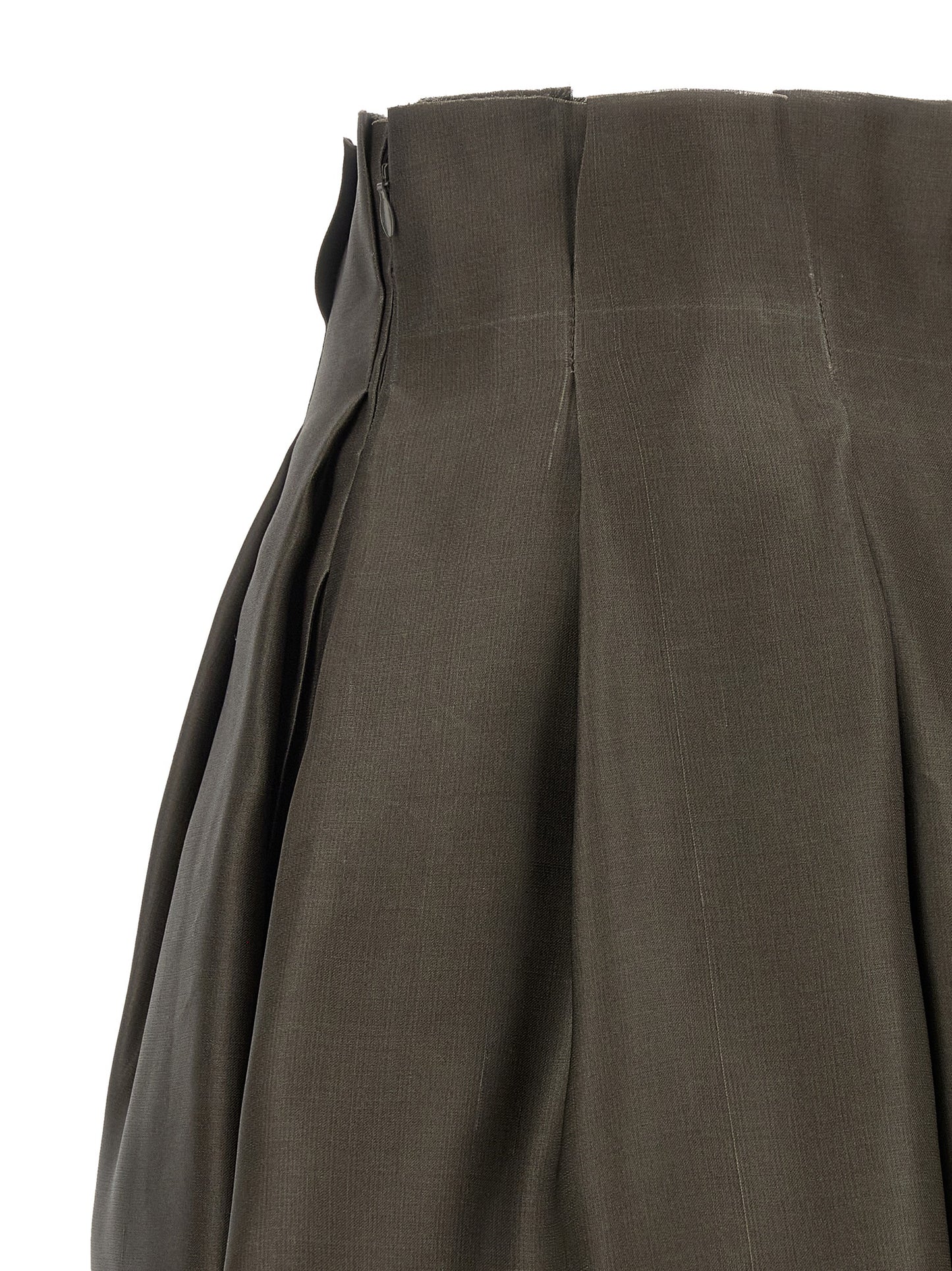 Skirt by Khaite for women in silk brown features an relaxed-yet-refined silhouette that elegantly showcases the Women's Flared Asymmetrical Low Rise Silk Skirt design and sophisticated midi.