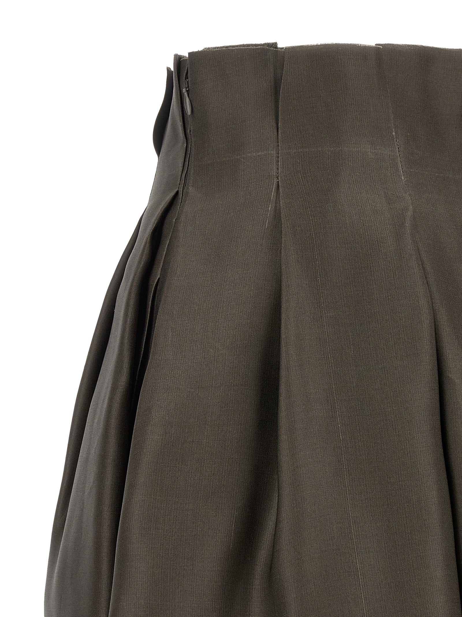 Skirt by Khaite for women in silk brown features an relaxed-yet-refined silhouette that elegantly showcases the Women's Flared Asymmetrical Low Rise Silk Skirt design and sophisticated midi.